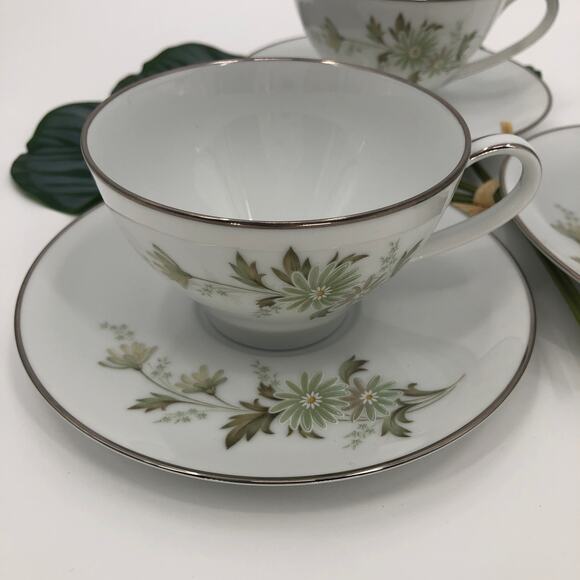 Vintage 3 Set Noritake White Green Floral Daisy Soroya 6853 Tea Cups & Saucers - Picture 2 of 10